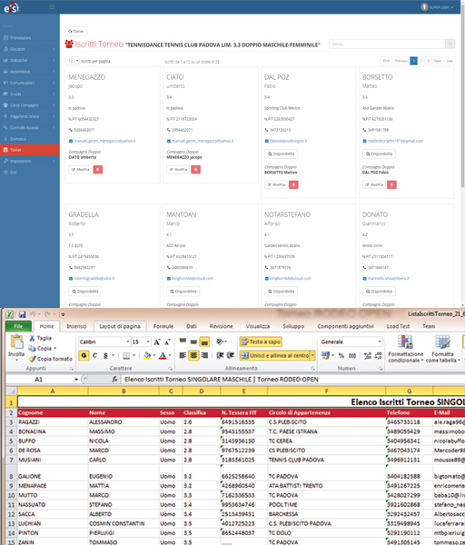 Snapshot del modulo per la gestione delle iscrizioni ai tornei di singolare e doppio con esportazione in excel